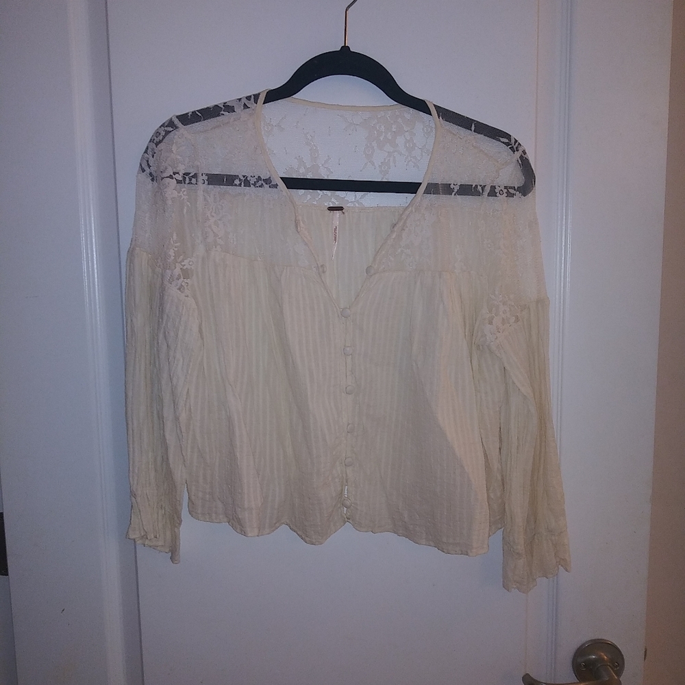 Free People Lace Button Down Crop Top Shirt